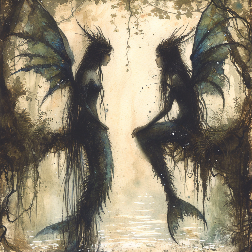 Stunning Dark Fantasy Sketch Mermaids and Harpies Illustrations